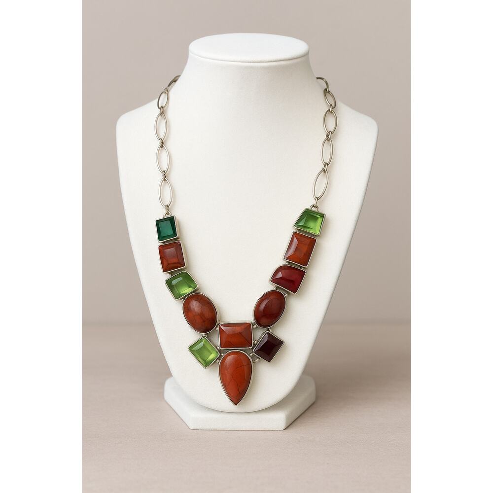 Vintage Artisan Sterling Silver Geometric Carnelian Agate Glass Y Necklace